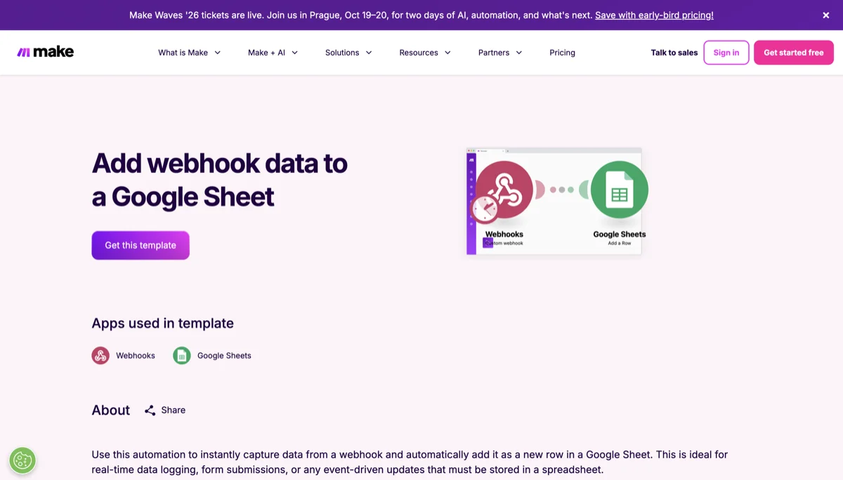 Flow view of a scenario on the Make template page: a chain running from a webhook trigger to a Google Sheets action