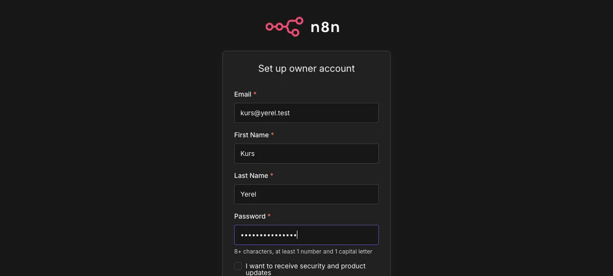 n8n owner account setup form: email, first name, last name, and password fields