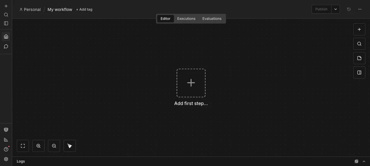 n8n empty canvas: blank workflow screen inviting you to add the first step