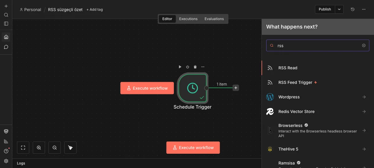 n8n node search panel: an "rss" search has been run, showing matching node cards