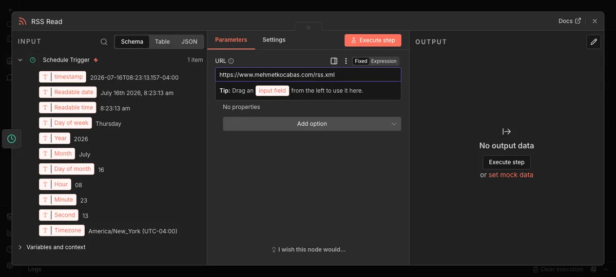n8n RSS Read node settings panel, with https://www.mehmetkocabas.com/rss.xml typed into the URL field