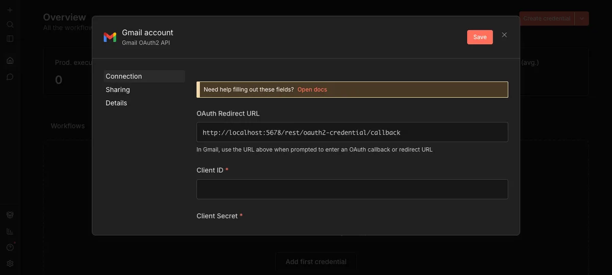 n8n credential form: an empty, not yet saved account connection screen