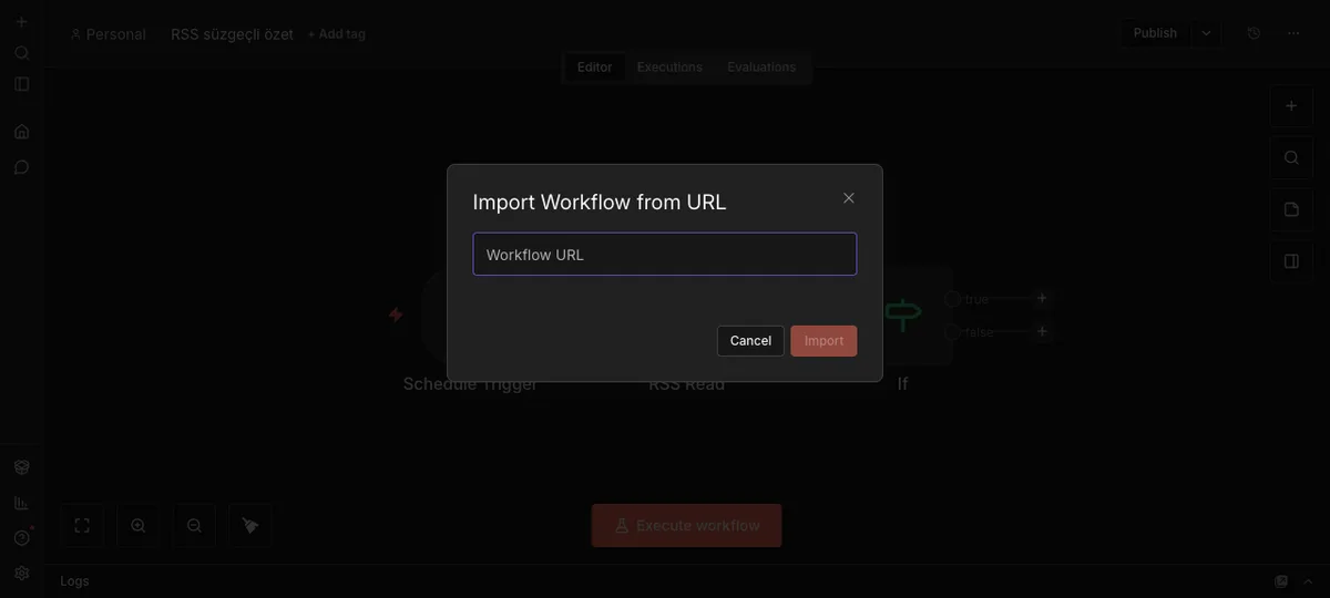 n8n Import Workflow from URL dialog: pasting a workflow JSON link to bring it in