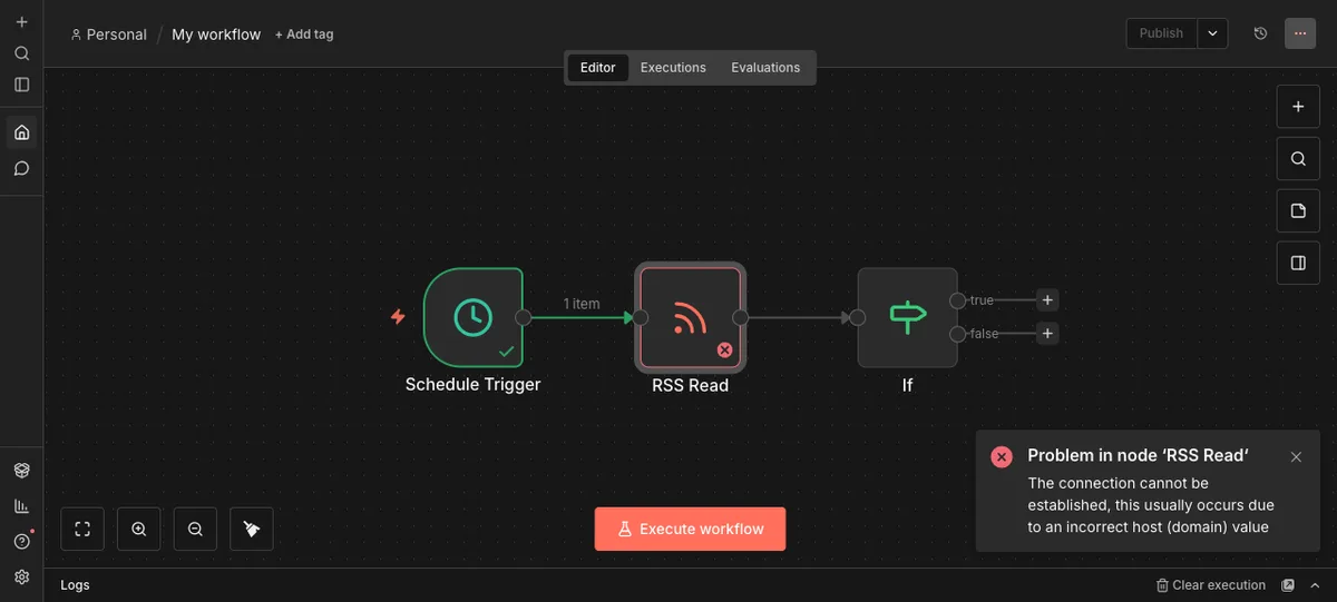 n8n error view: the RSS Read node marked with a red X, connection failed error on screen