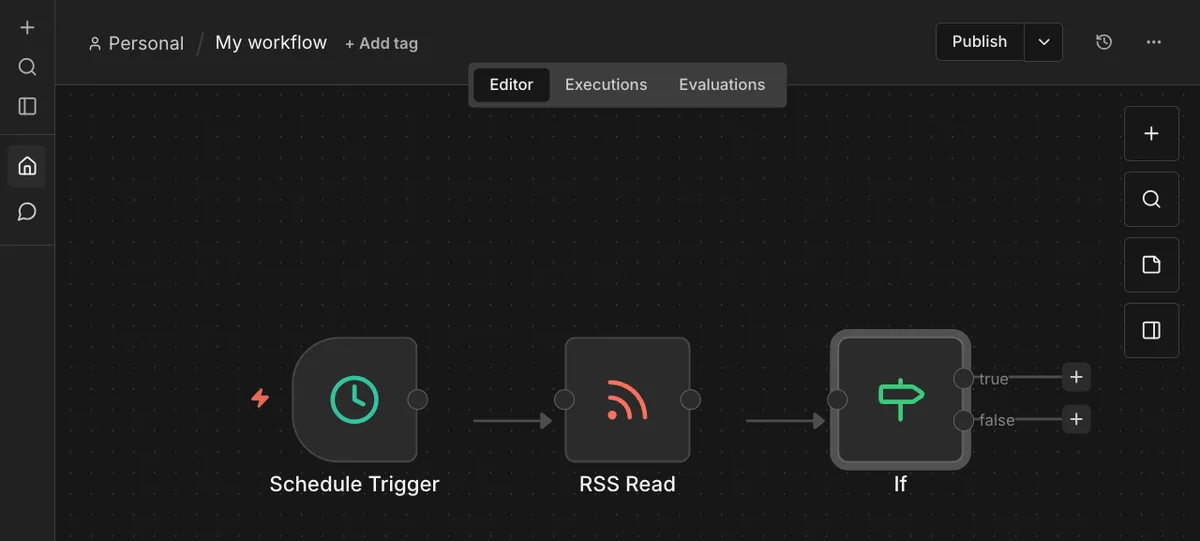 n8n workflow top bar: the Publish button visible in the top right
