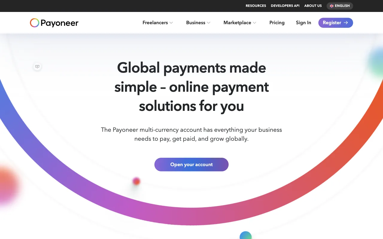 Payoneer home page presenting multi currency and global payment services
