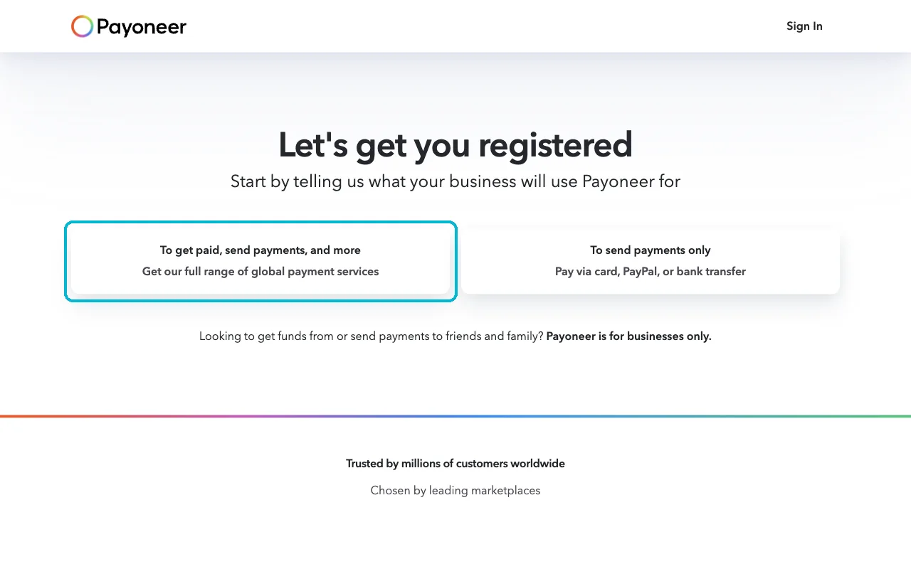 Payoneer signup screen with the option to get paid and send payments