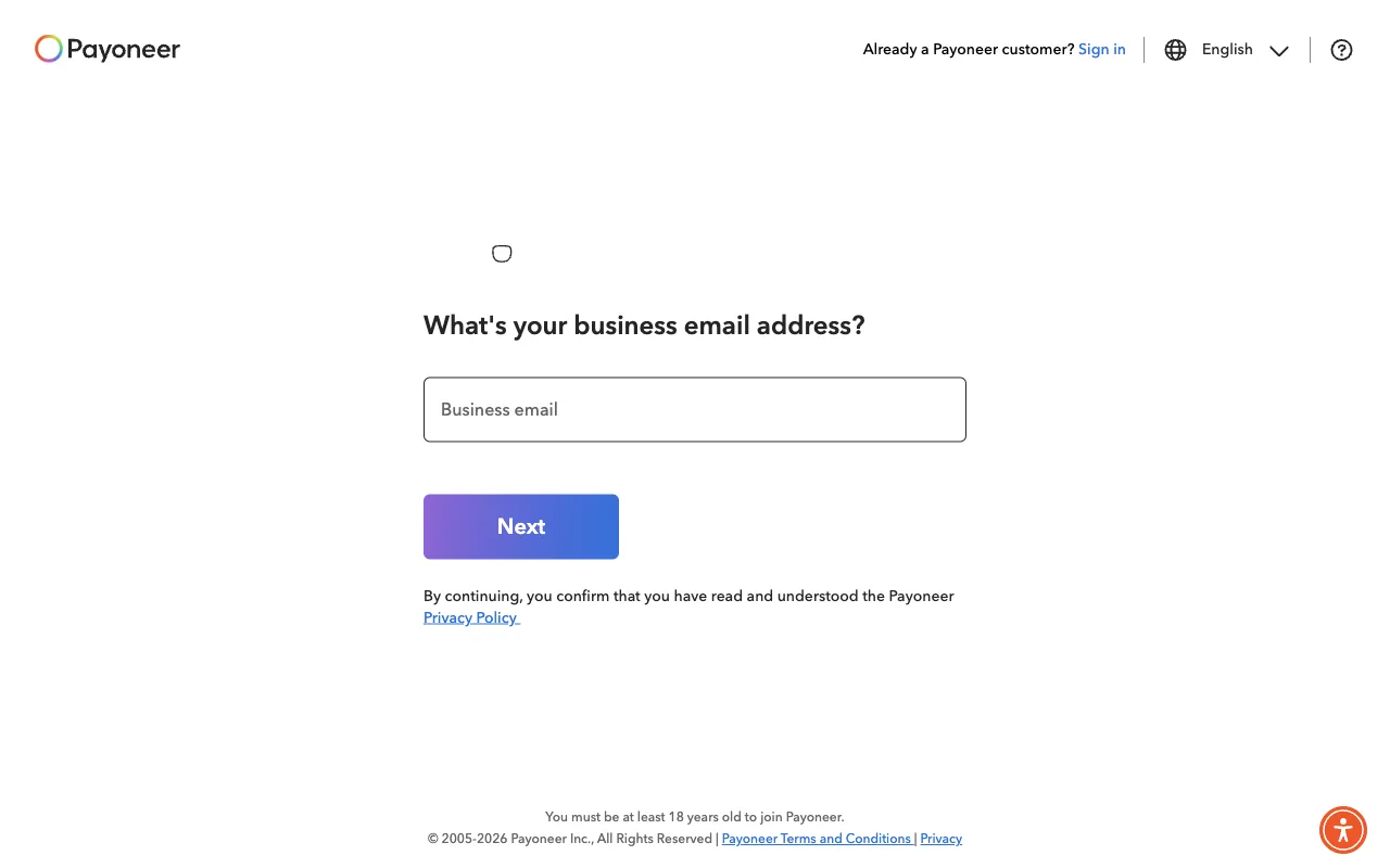 Payoneer signup flow asking for a business email address