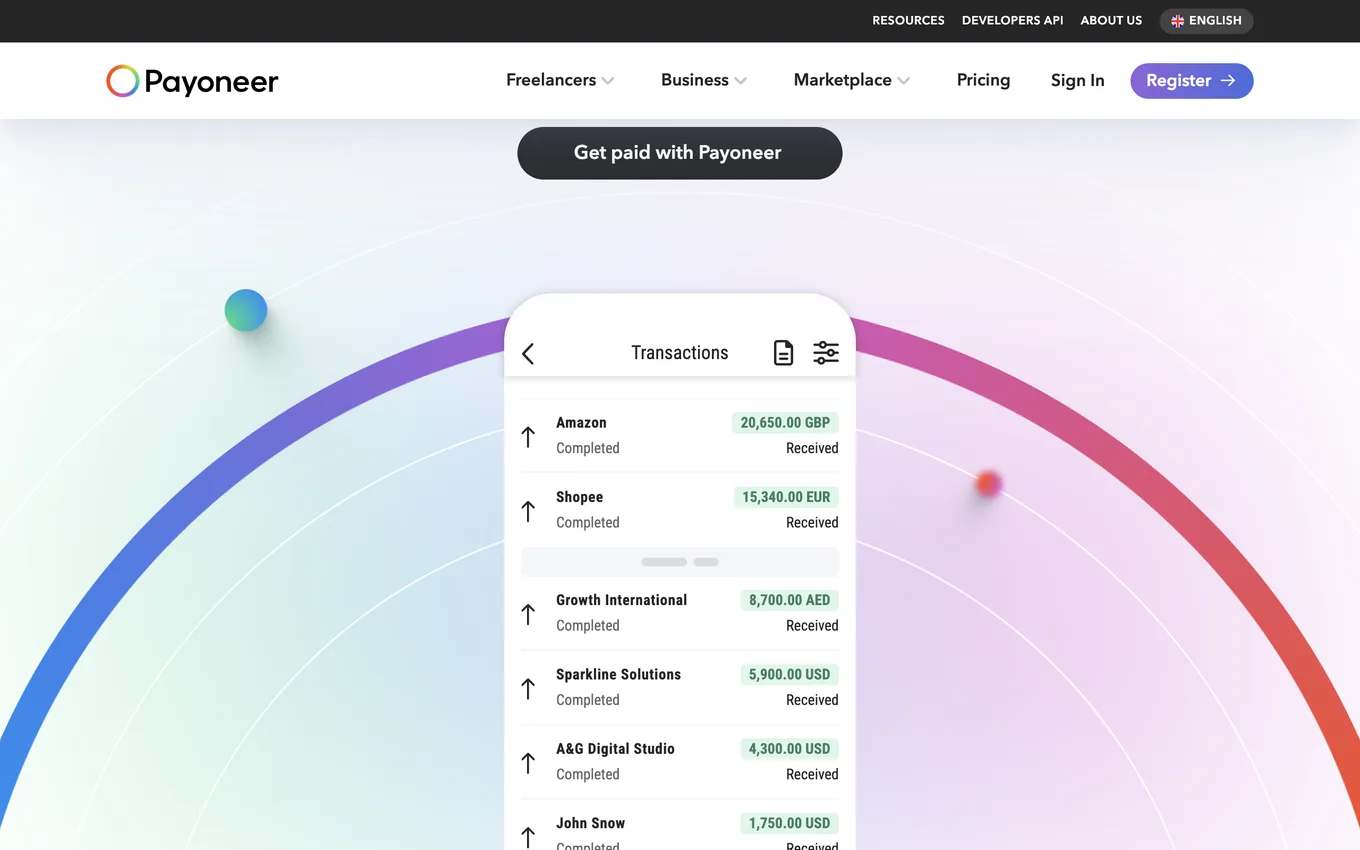 Payoneer transaction history showing a completed marketplace payment