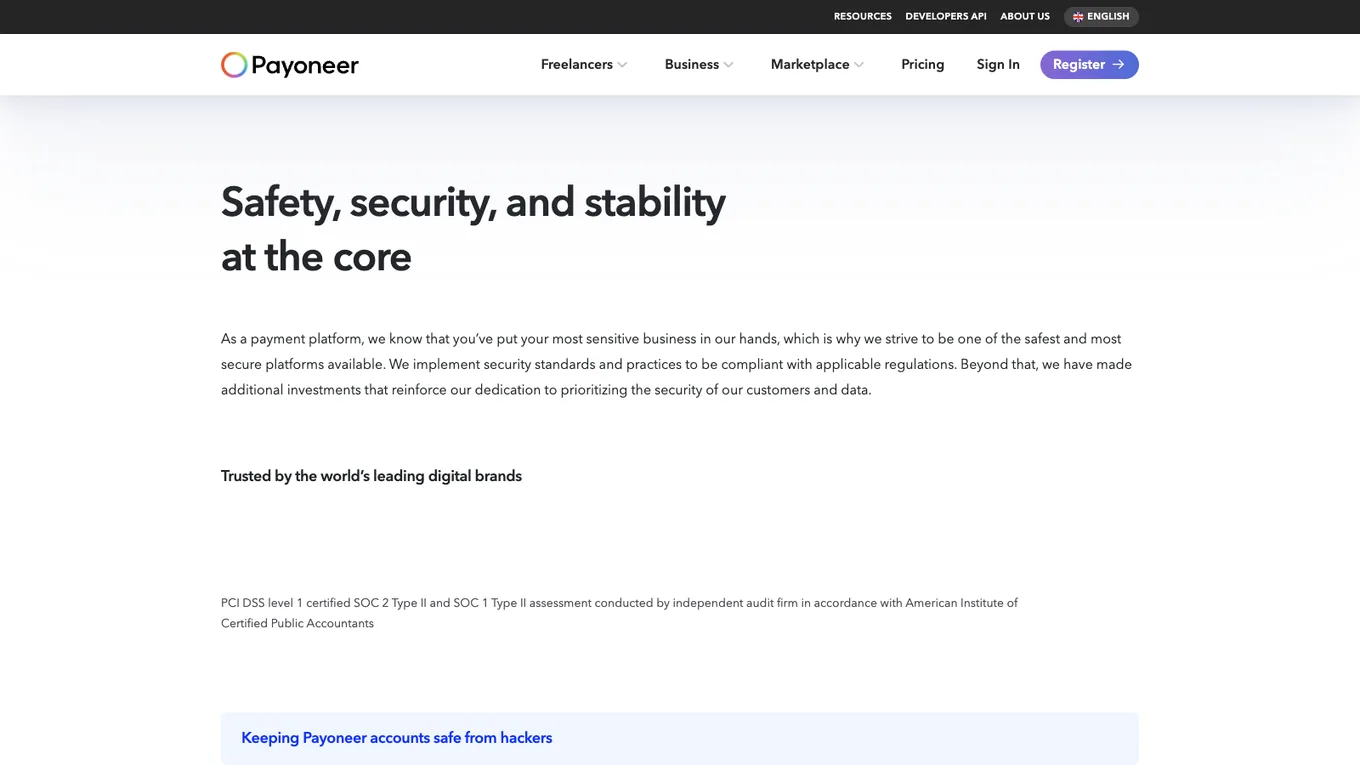 Payoneer security center page