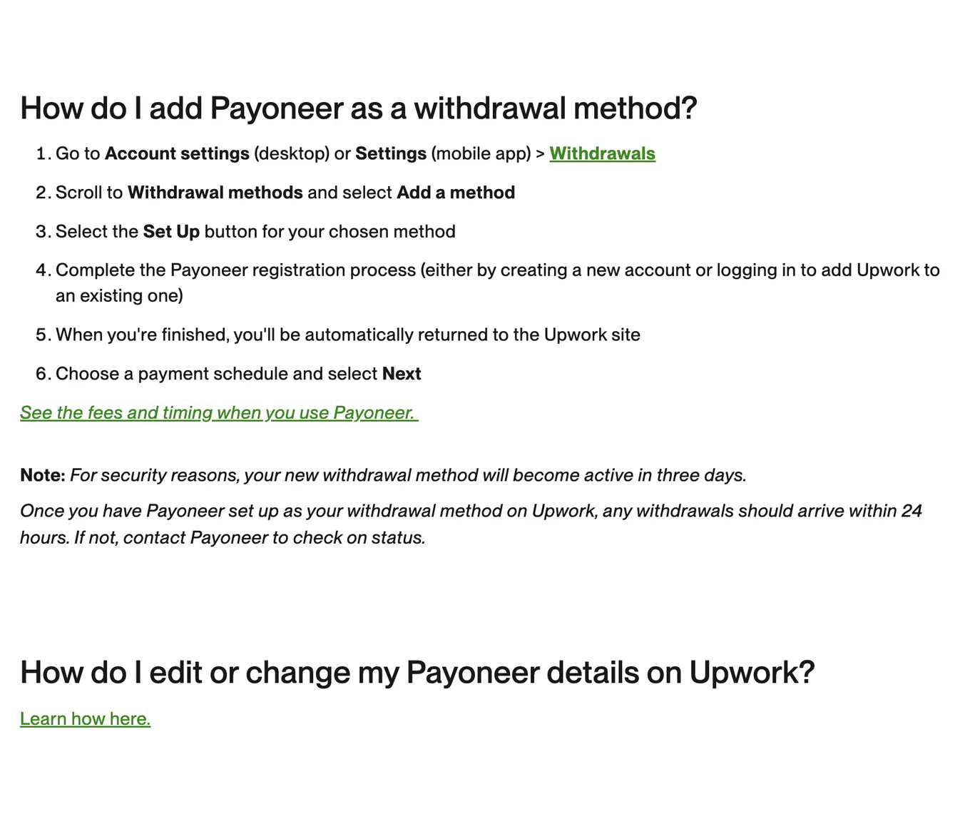 Upwork Help instructions for adding Payoneer as a withdrawal method