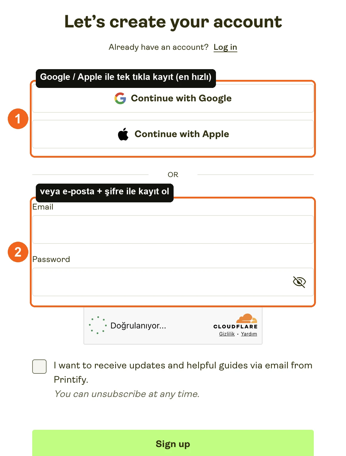 Printify signup screen: one-click signup with "Continue with Google" and "Continue with Apple", email and password fields below (steps marked)