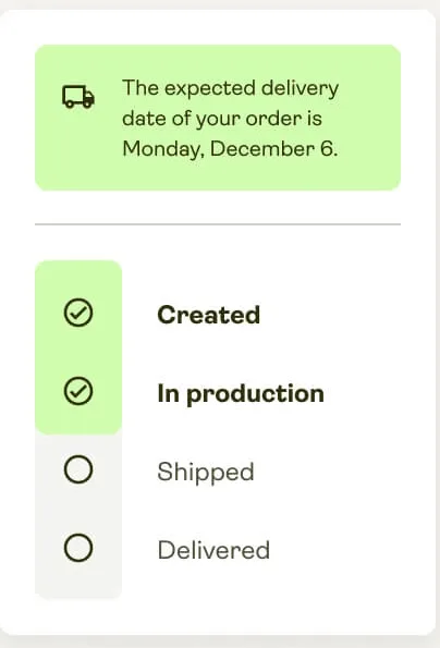 Printify's order status overview, showing example steps like "Created", "In production", "Shipped", and "Delivered"