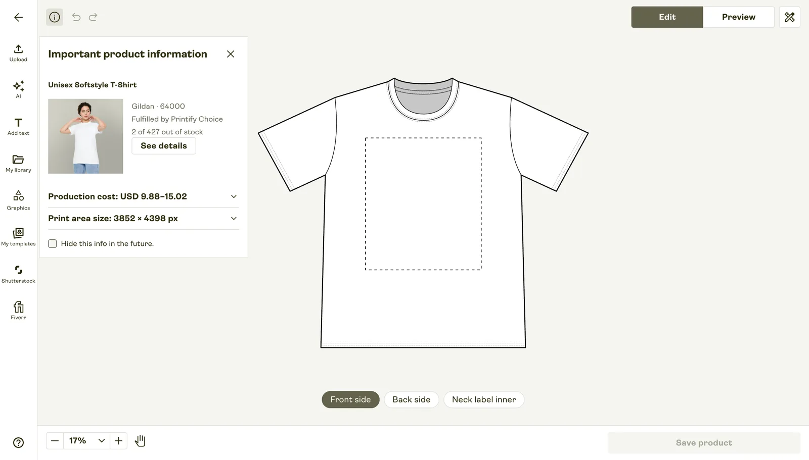 Printify product editor: Upload, AI, Add text and Graphics tools on the left, a t-shirt mockup with a dashed print area in the center, and a product info panel showing production cost and print area size