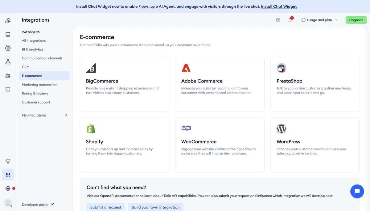 Tidio integrations screen with Shopify and other channel options