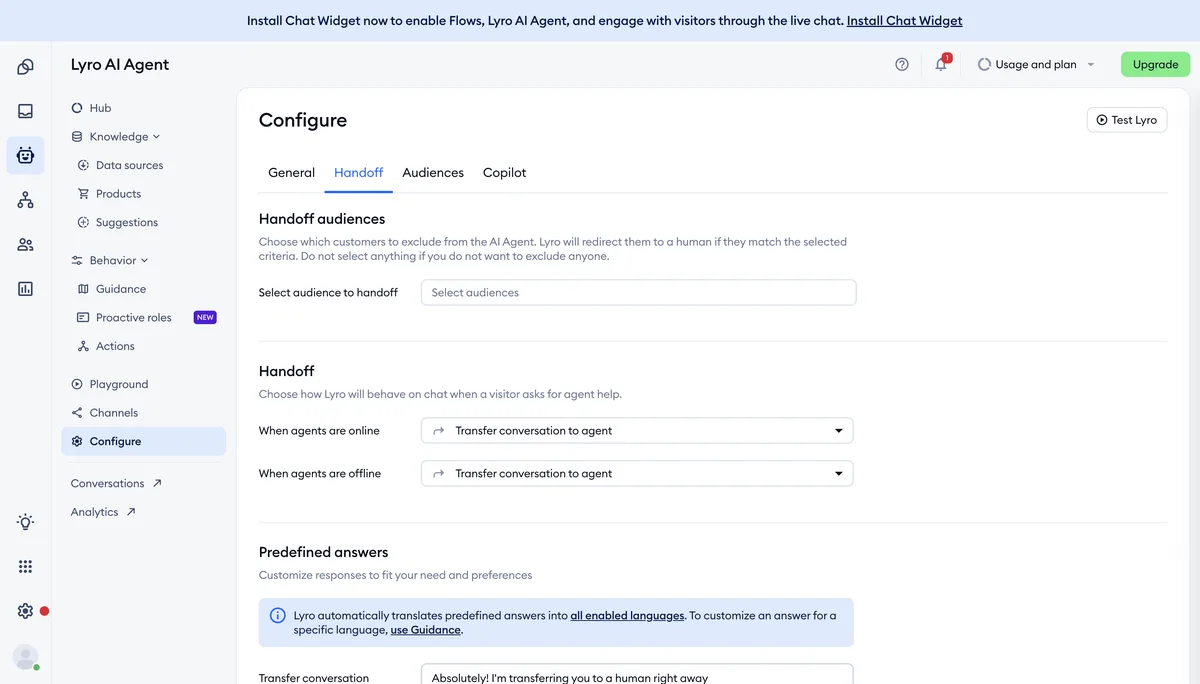 Tidio Lyro handoff settings for online and offline agents