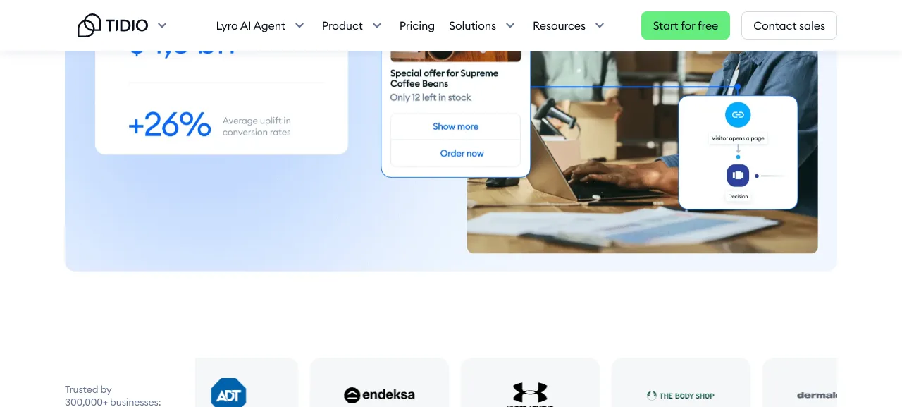 Tidio Flow connecting a page trigger to a decision step