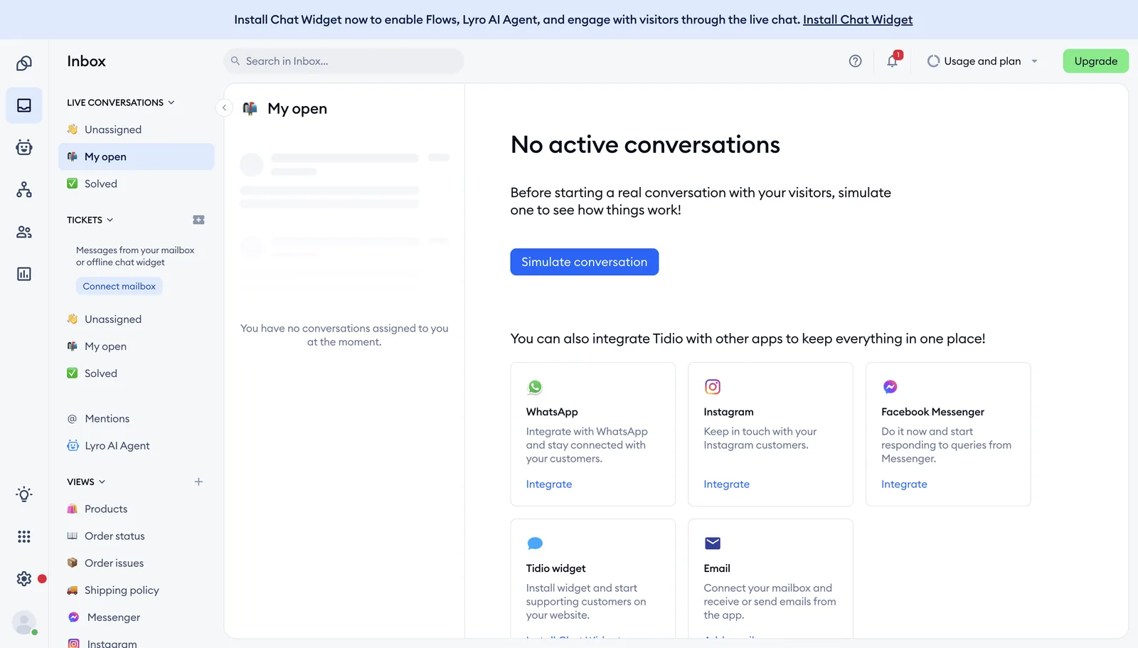 Tidio inbox with conversations, tickets, and channel integration cards