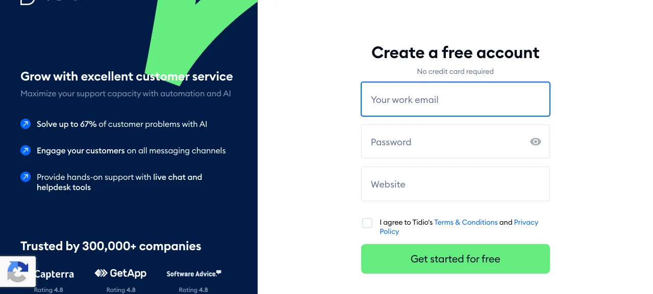 Tidio signup screen with account and website fields