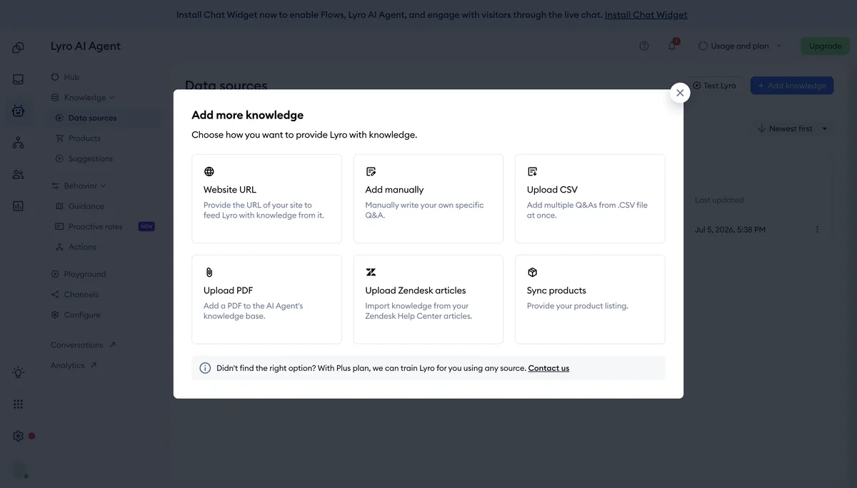 Lyro knowledge dialog with URL, manual entry, CSV, PDF, and product sync options