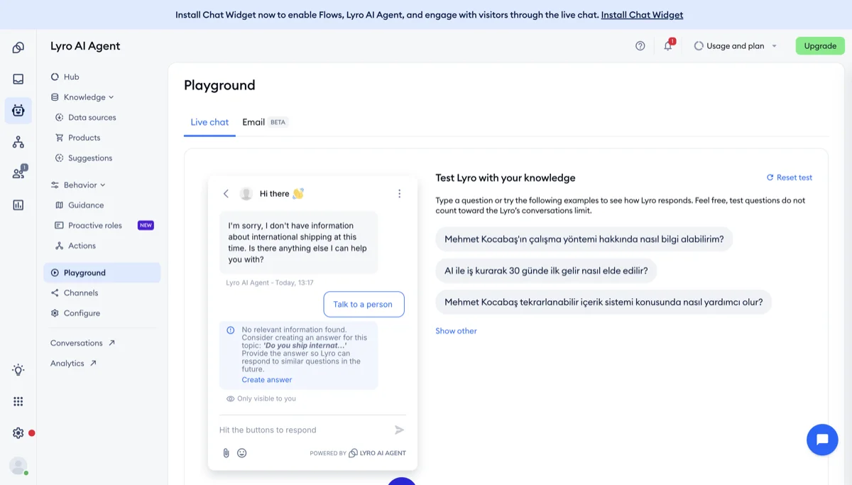 Lyro response playground showing a missing answer and the option to create one
