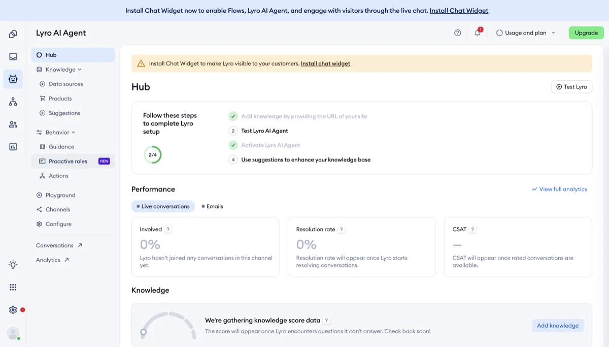 Tidio Lyro area where the AI support bot is configured and managed