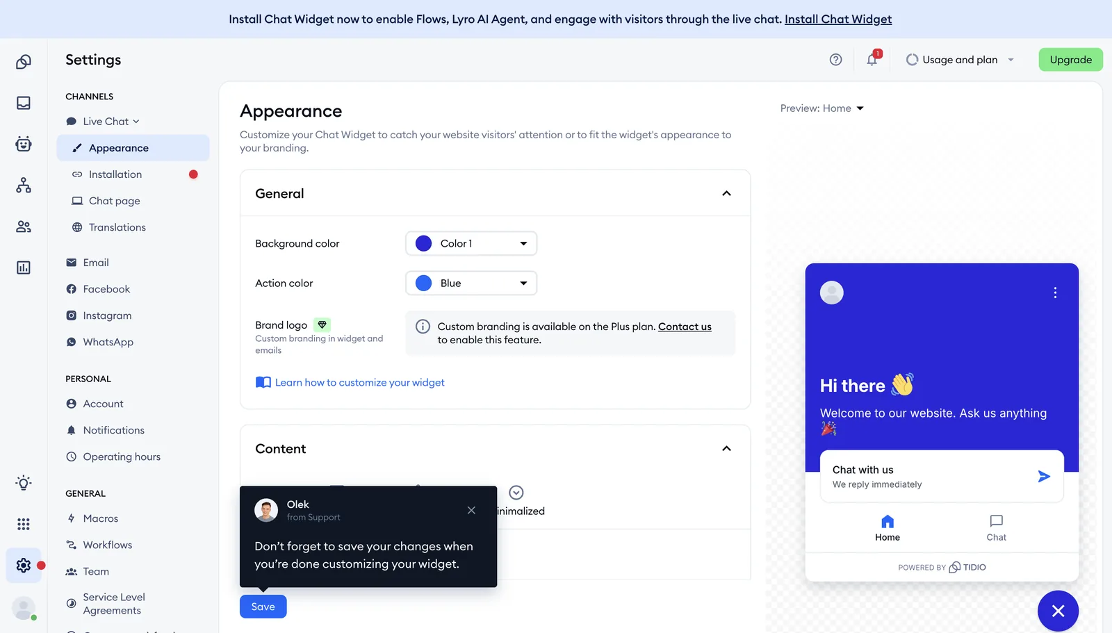 Tidio widget appearance settings and live preview
