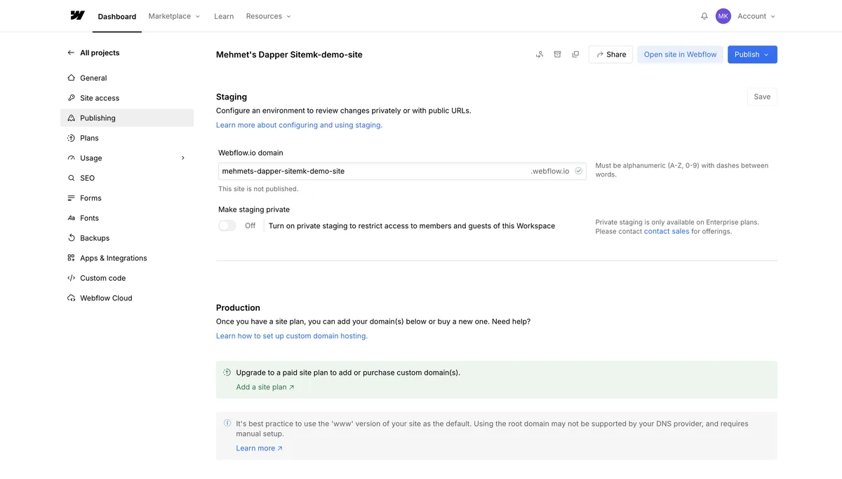 Webflow publishing settings with staging and custom domain areas