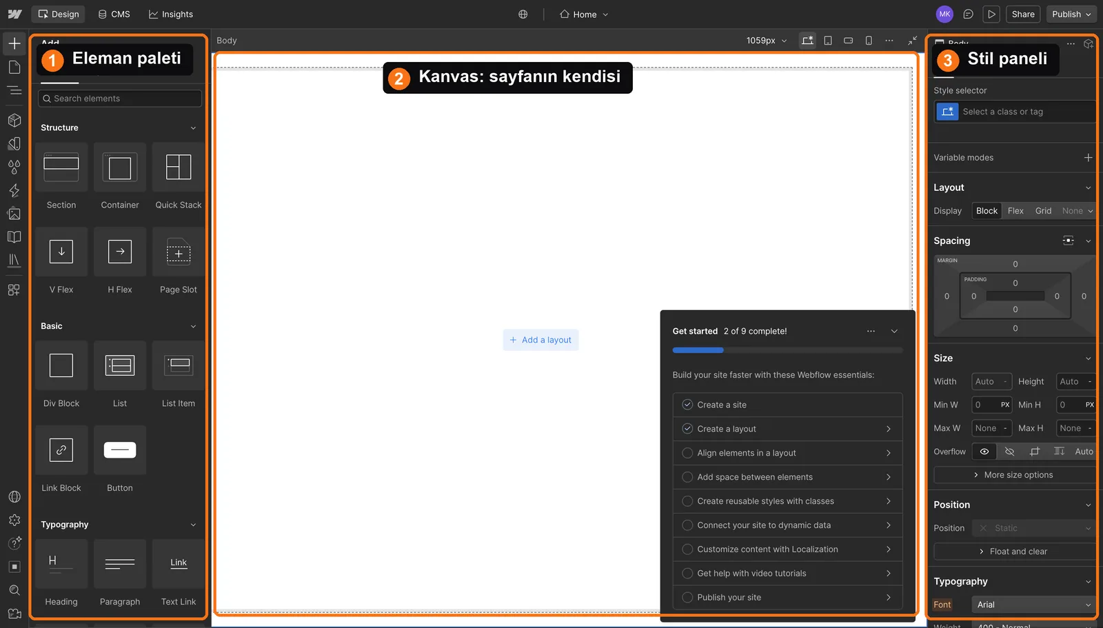 Webflow Designer with the element panel, canvas, and style panel labeled