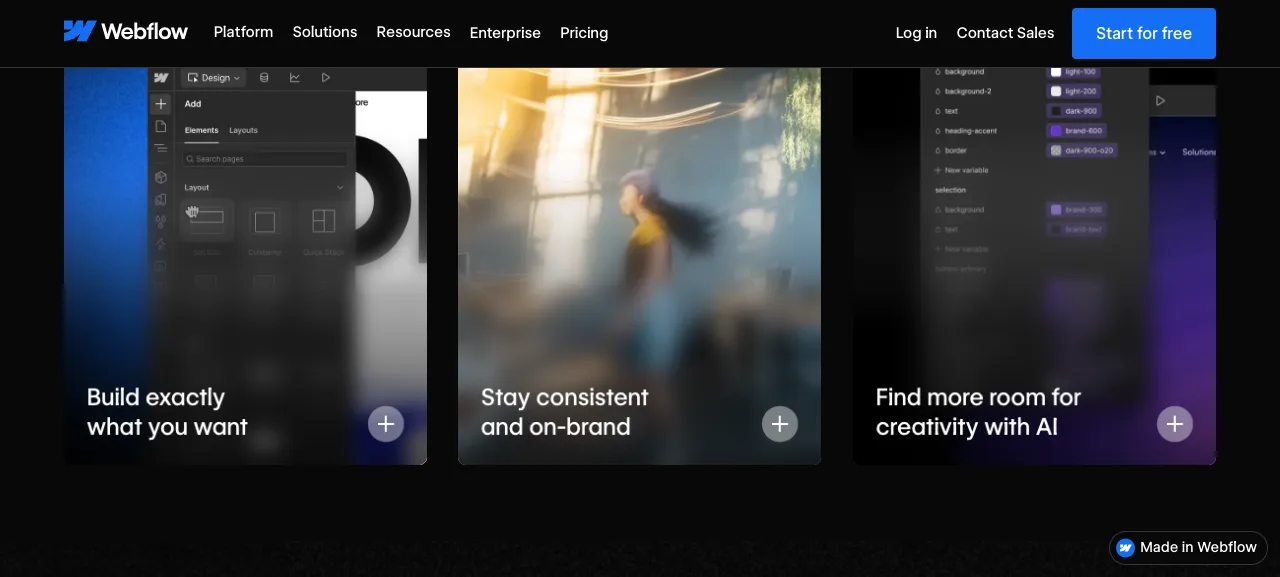 Webflow Designer with Elements and Layouts on the left and style controls on the right