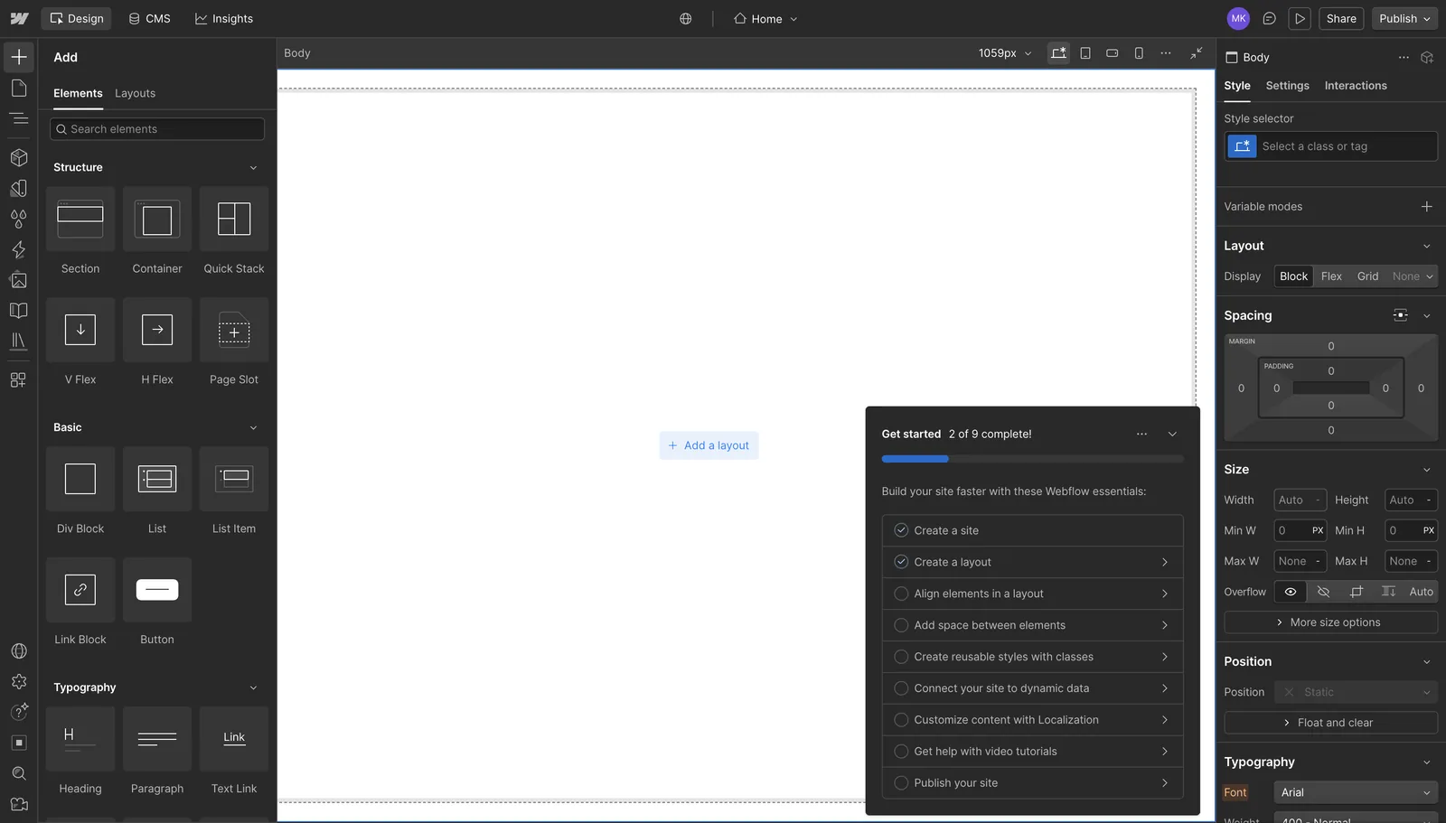 Webflow Designer showing elements, canvas, and the Style panel