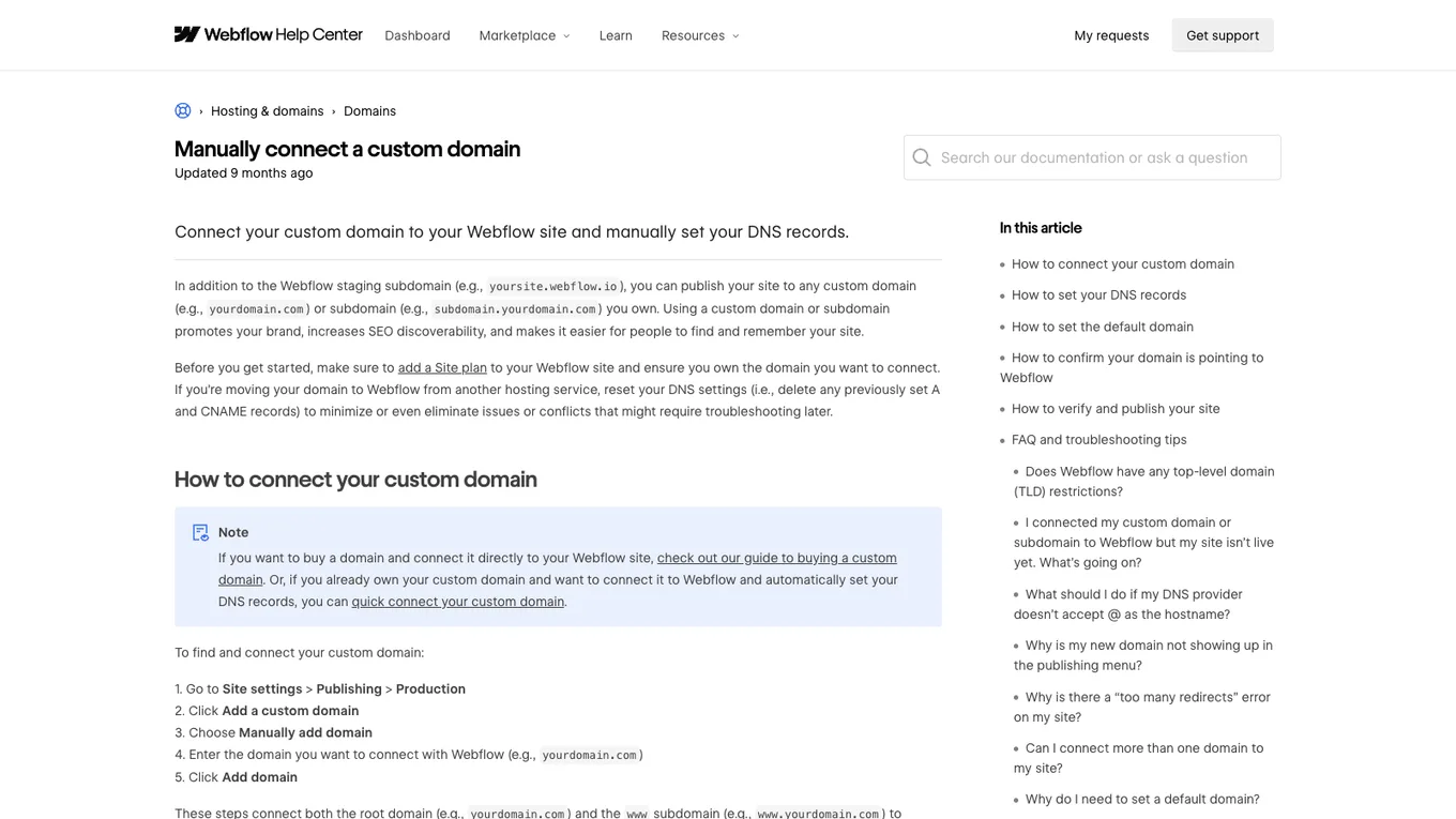 Webflow Help Center article about manually connecting a custom domain
