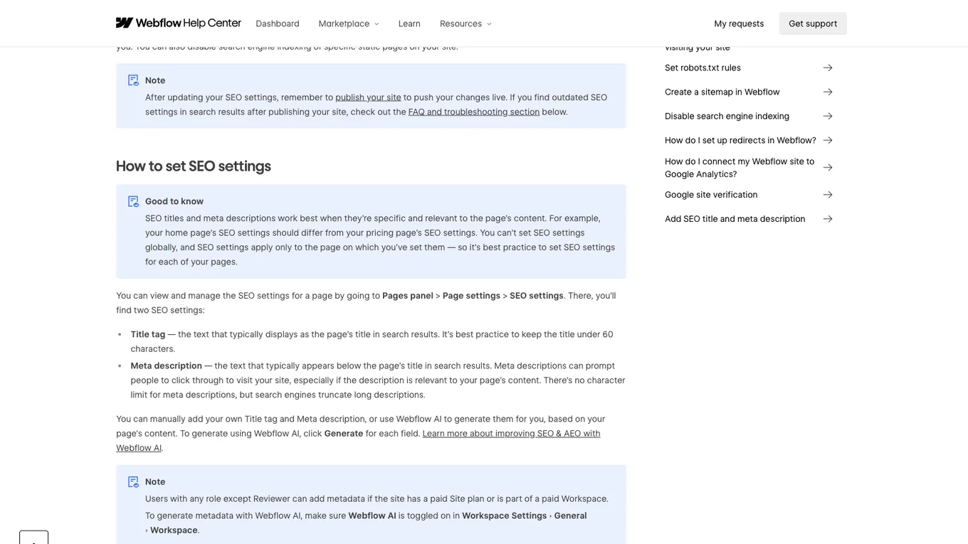 Webflow Help Center article about SEO titles and meta descriptions