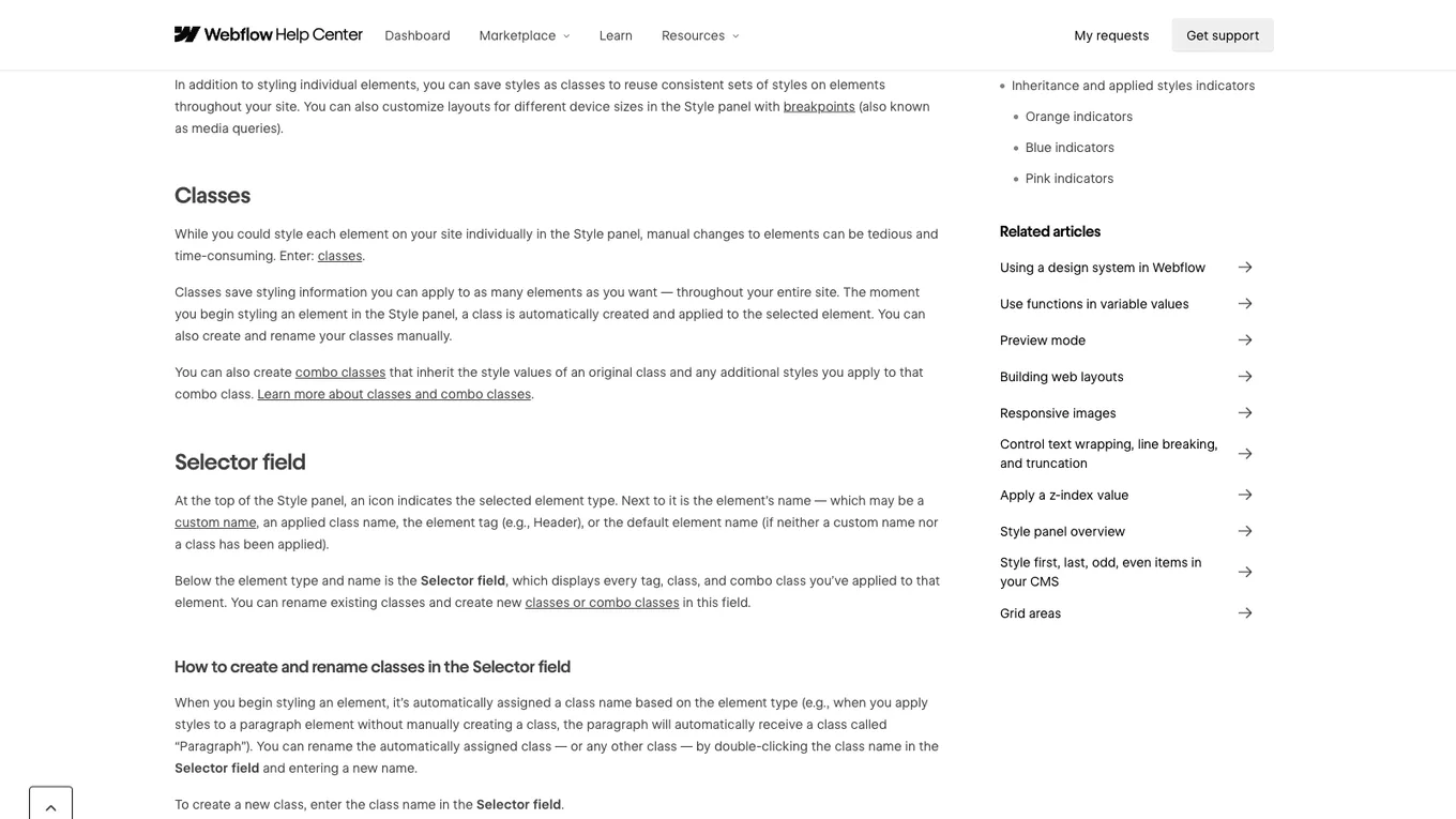 Webflow Help Center article describing classes and the selector field