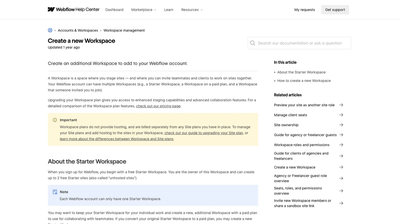 Webflow Help Center article about creating a Starter Workspace