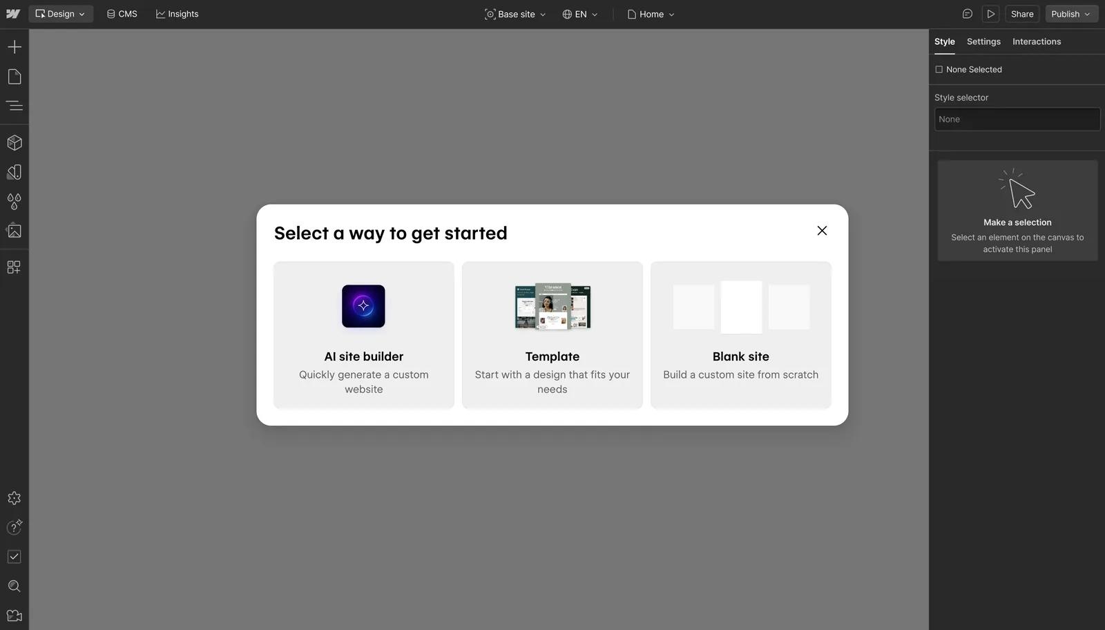 Webflow new site screen with AI, Template, and Blank site options