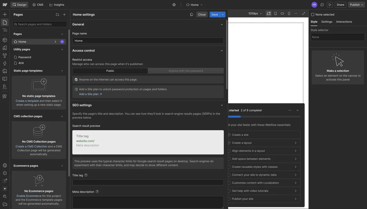 Webflow SEO settings with title tag, meta description, and search preview